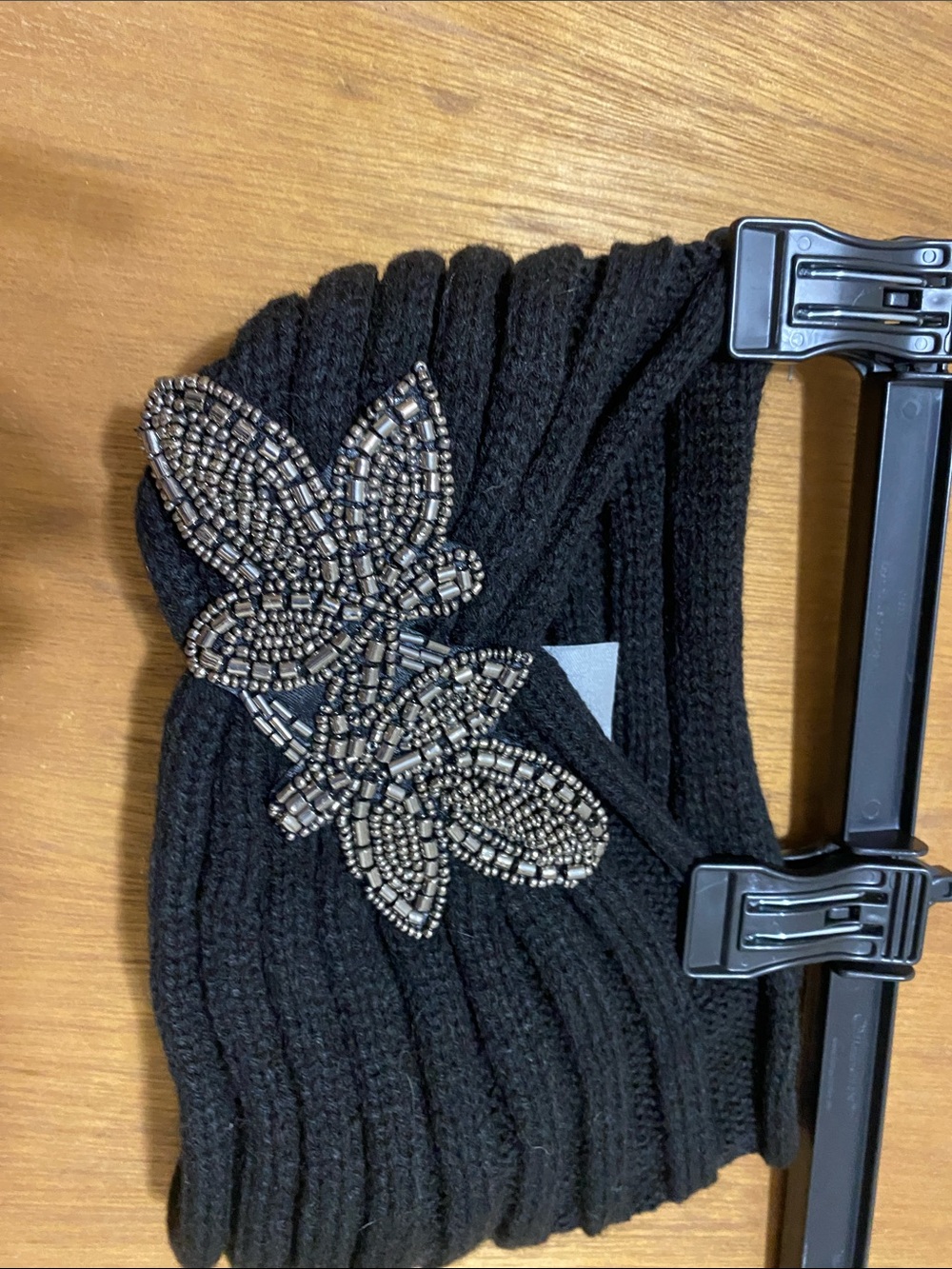 Black Beaded Floral Knit Headband - Women Accessories